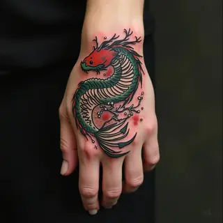 Koi and Dragon Scale Hand Tattoo: A Traditional Design