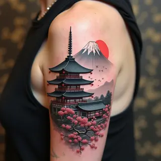 Majestic Japanese Temple and Mountainscape Tattoo