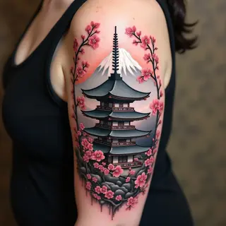 Majestic Japanese Temple and Mountainscape Tattoo