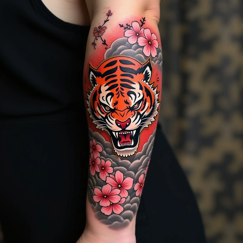 Dynamic Japanese Irezumi Sleeve: Tiger, Demon, and Cherry Blossoms