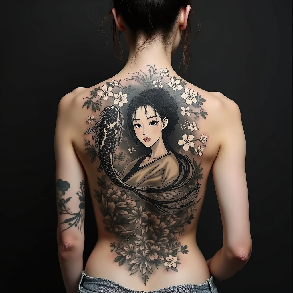 Intricate Japanese Back Tattoo: Koi, Cherry Blossoms, and Mythical Figures