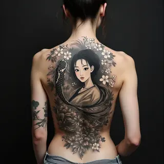 Intricate Japanese Back Tattoo: Koi, Cherry Blossoms, and Mythical Figures