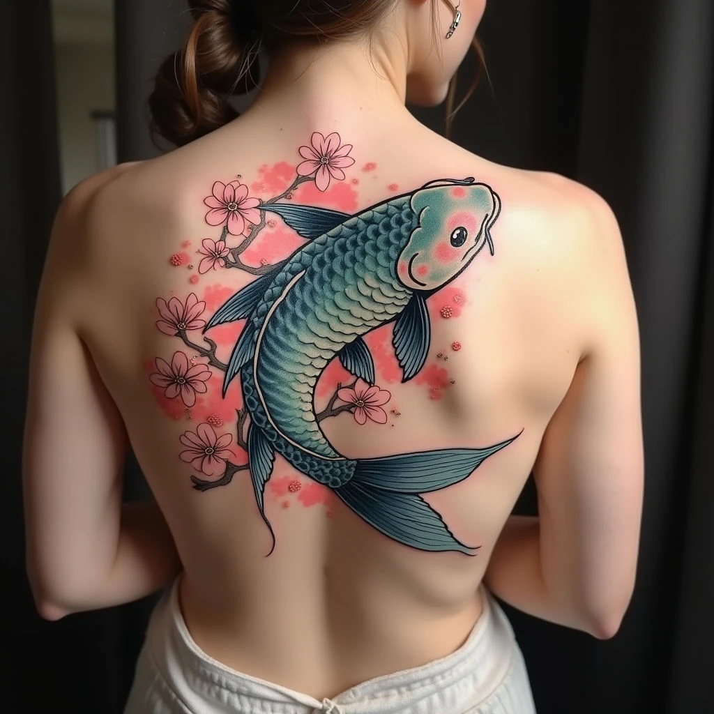 Majestic Koi and Cherry Blossom Back Tattoo