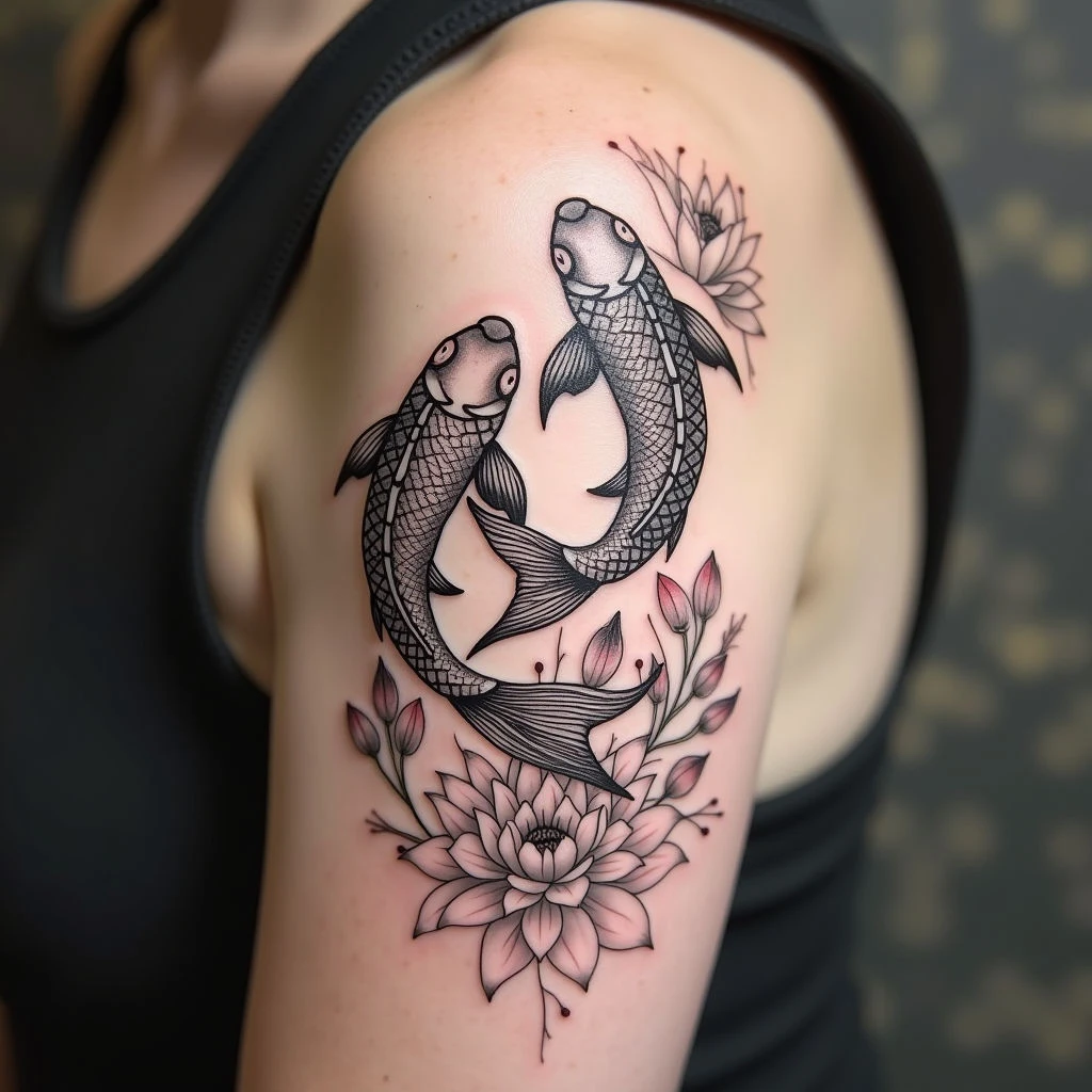 Serene Koi and Lotus Blossom Tattoo Design