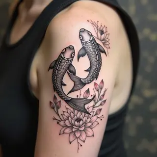 Serene Koi and Lotus Blossom Tattoo Design