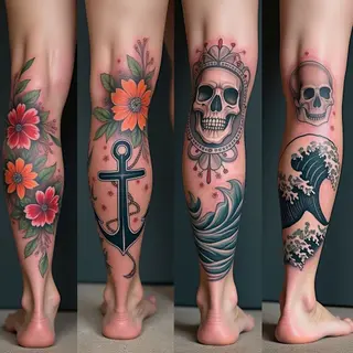 Diverse Leg Tattoo Inspirations: Floral, Anchor, Skull & Wave Designs