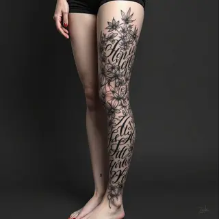 Intricate Floral and Script Leg Tattoo Design