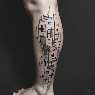 Fragmented Urban Leg Tattoos: A Collection of Street Art Motifs