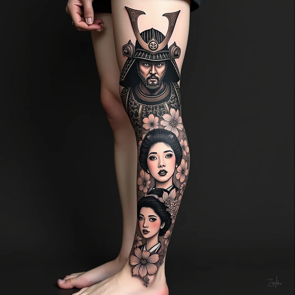 Intricate Japanese Samurai Leg Tattoo Design