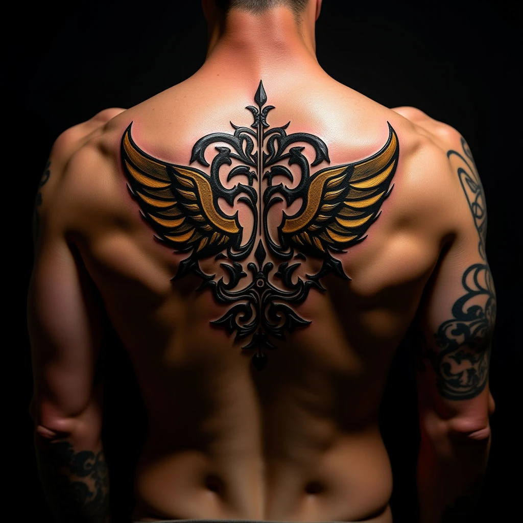 Powerful Back Tattoos for Men: Strength Quotes in Biomechanical Style