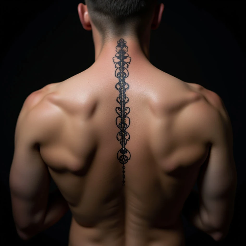 Blackwork Kids Names Tattoo on Spine for Men