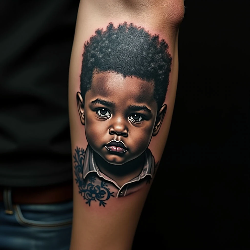 Powerful Face Tattoo with Children's Names in Illustrative Style