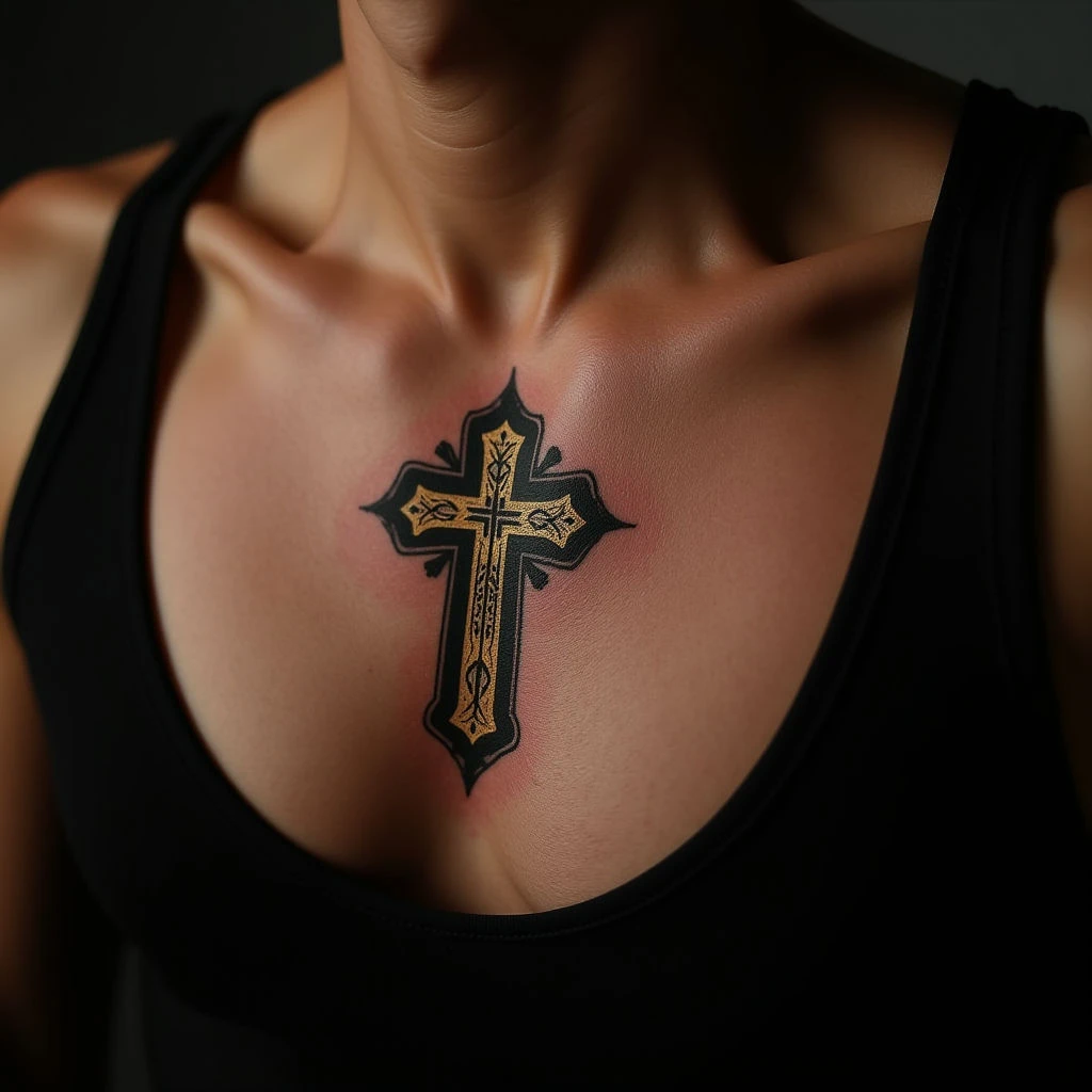 Neo-Traditional Cross Tattoos with Names - Golden Chest Piece Inspiration