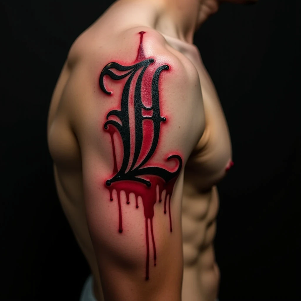 Men's Gothic Lettering Tattoos: Bold Red Body Art Ideas