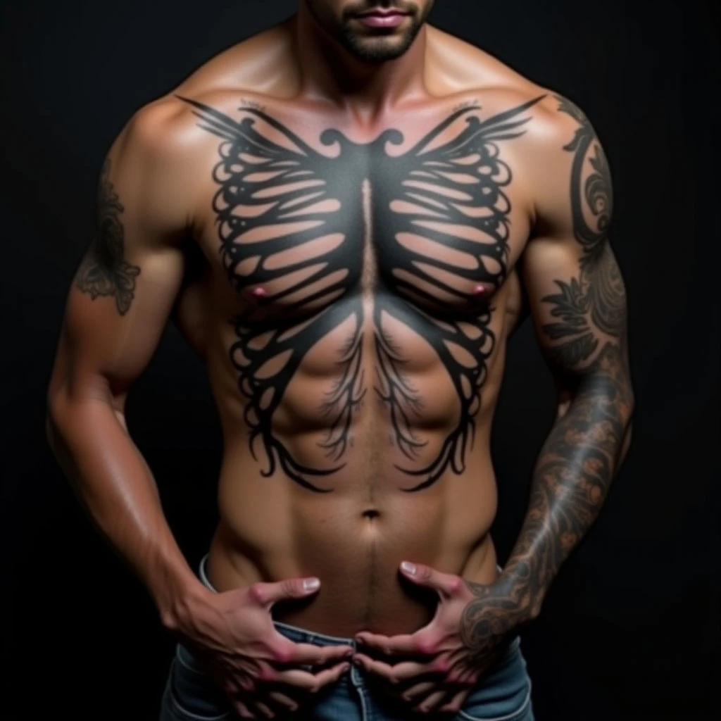 Kids Names Tattoo Ideas for Men: Biomechanical Ribcage Designs