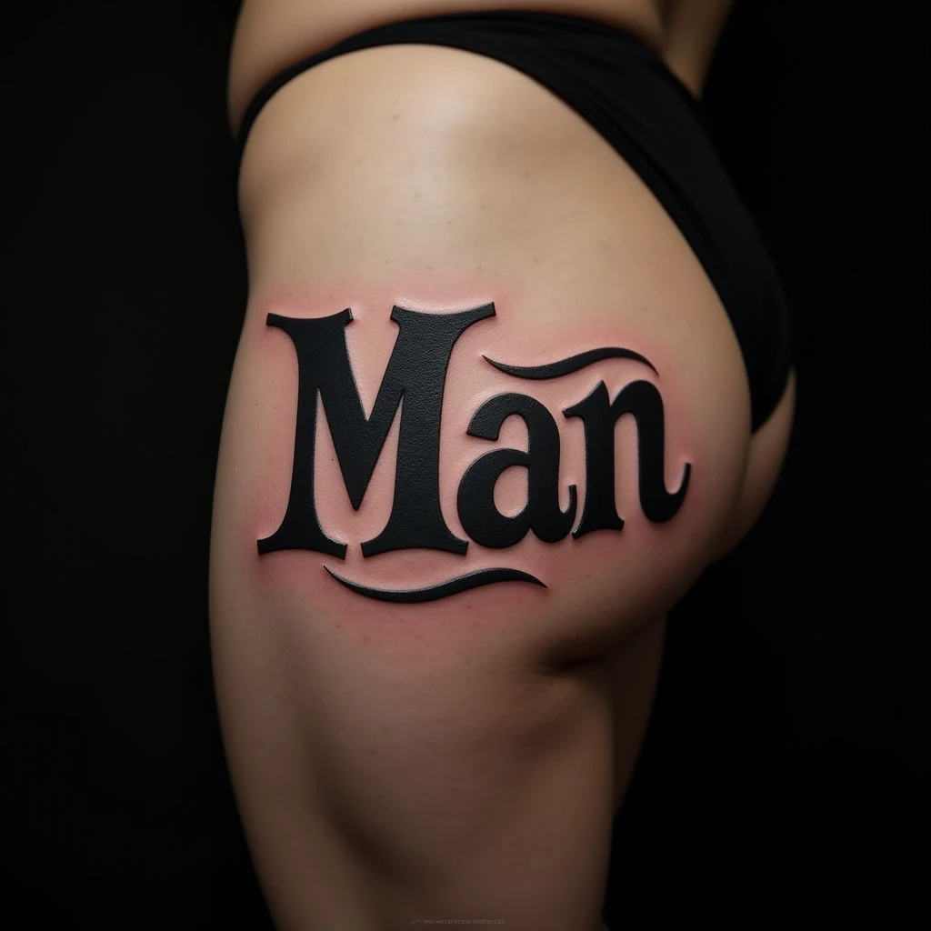 Old School Man's Name Tattoo on Thigh: A Bold Statement