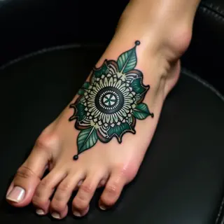 Name Tattoos for Men: Mandala Foot Designs in Blue & Green