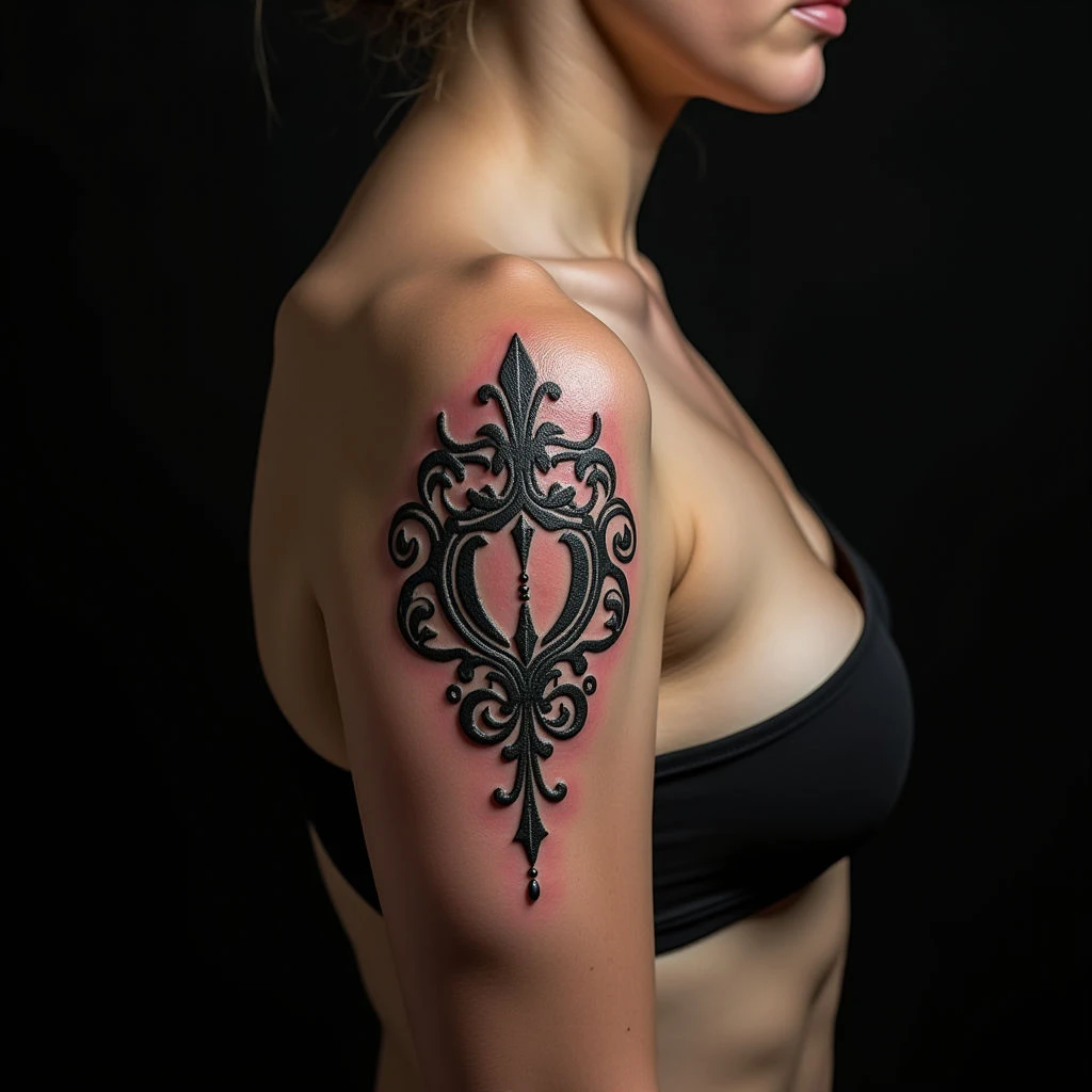 Delicate Ornamental Name Tattoo on Collarbone - Grey Design