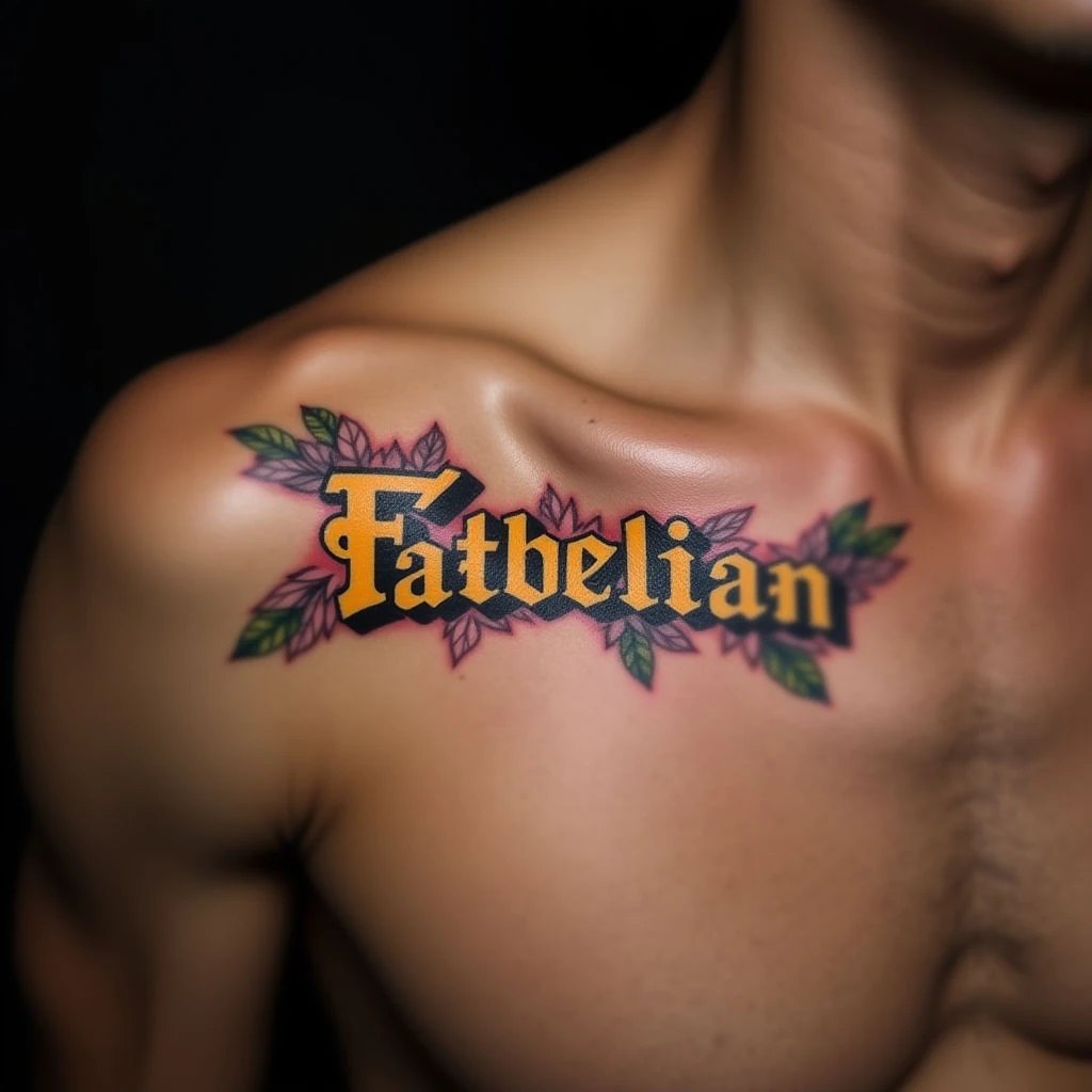 Names in Tattoo Writing: Illustrative & Yellow Collarbone Designs
