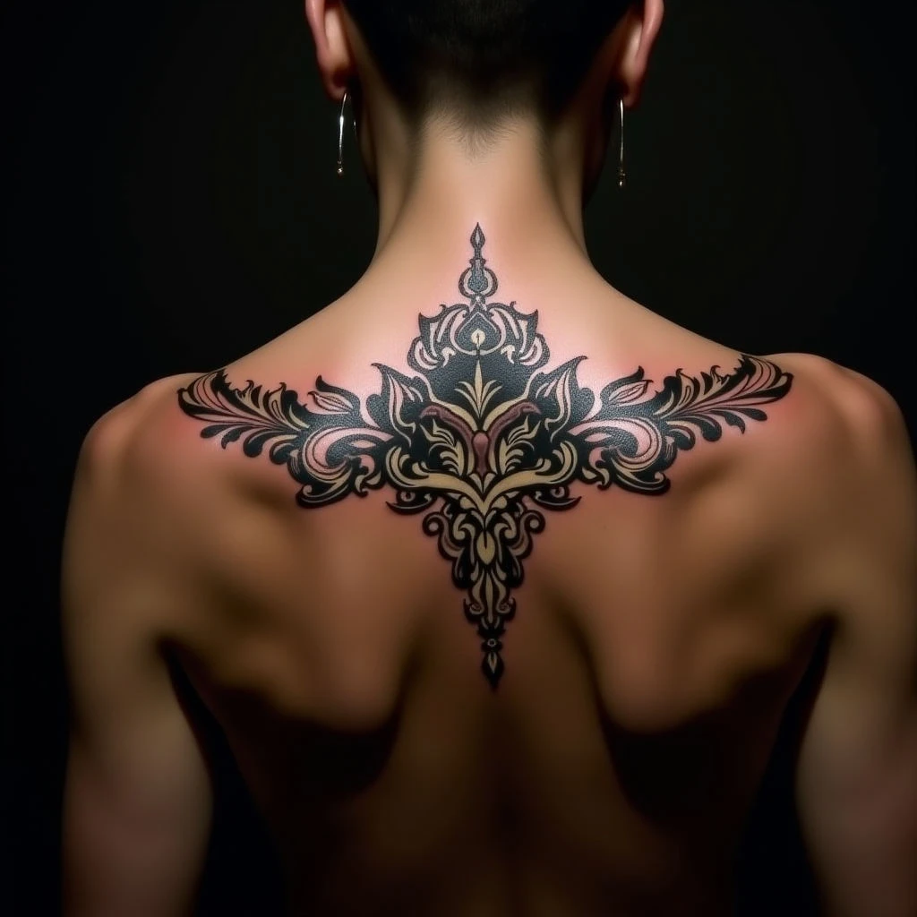 Ornate Collarbone Lettering Tattoo with Metallic Accents