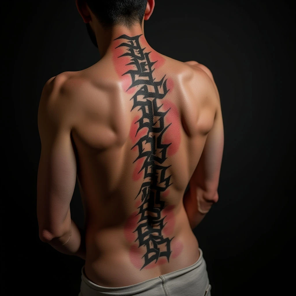 Men's Lettering Spine Tattoos: Red, Black & Grey Ideas