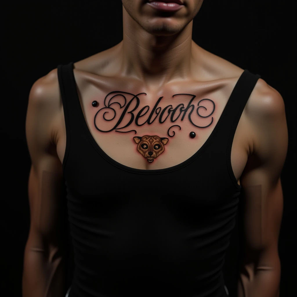 Surreal Lettering Tattoos for Boys: Chest Designs & Orange Hues