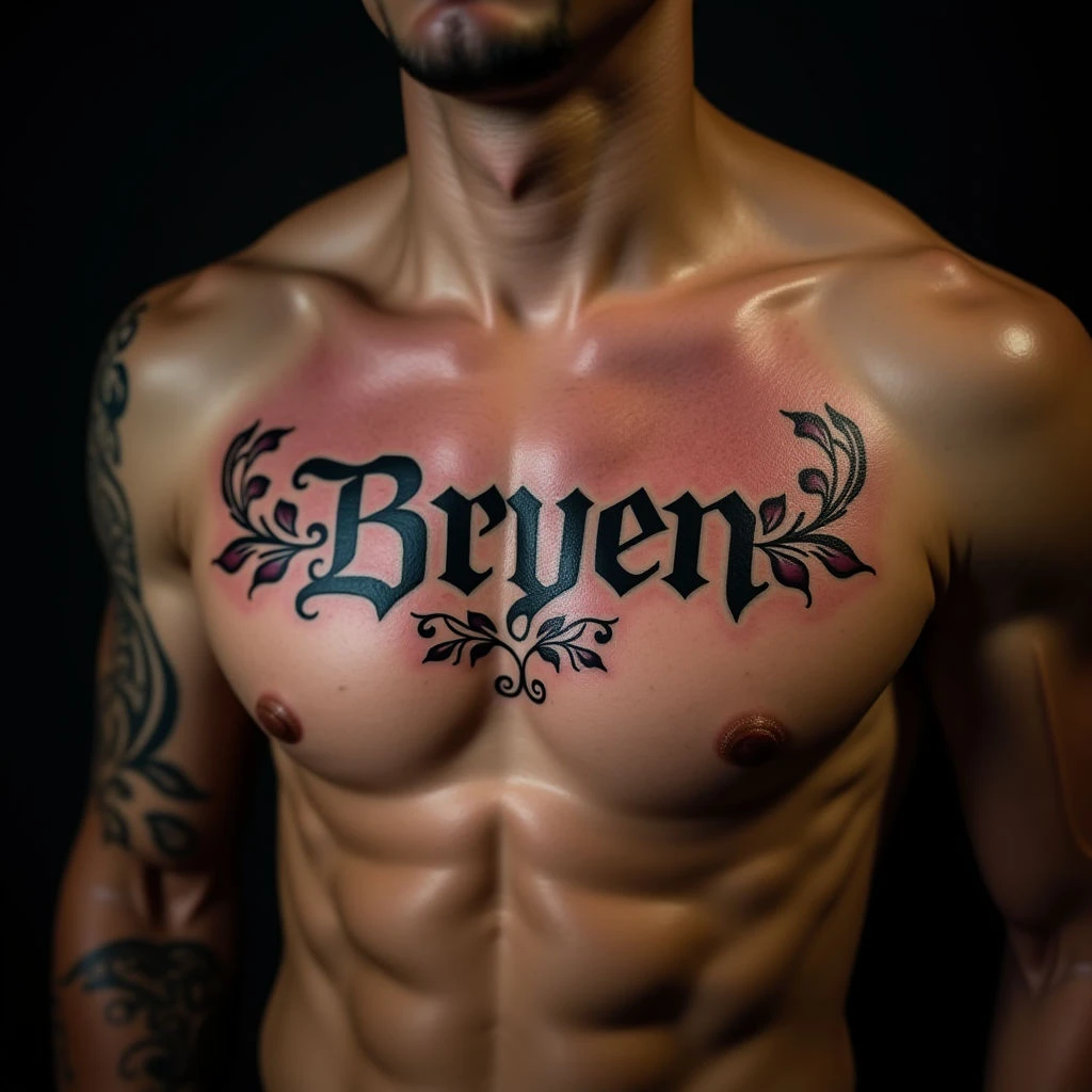 Traditional Name Tattoo for Men on Sternum - Blue & Black Design