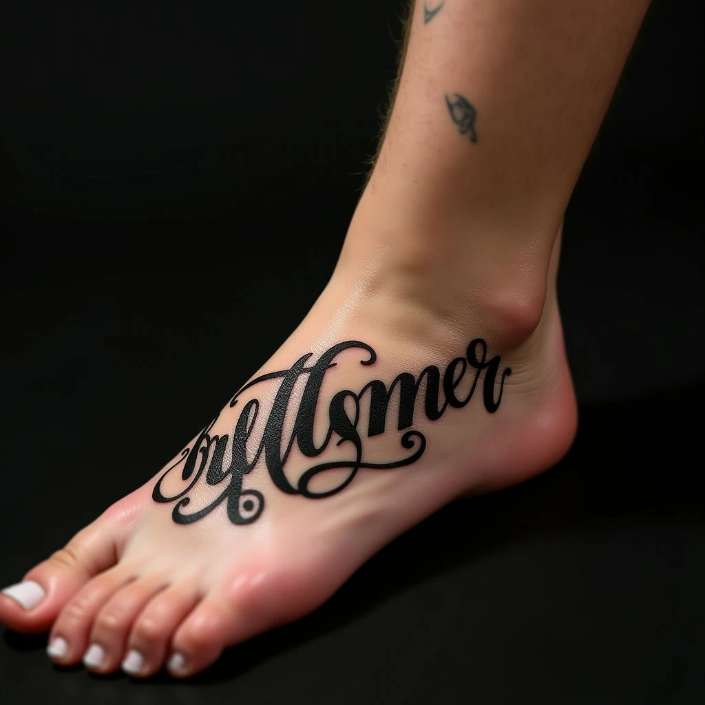 Family Name Tattoos on Foot: Blackwork XL Designs in Bronze
