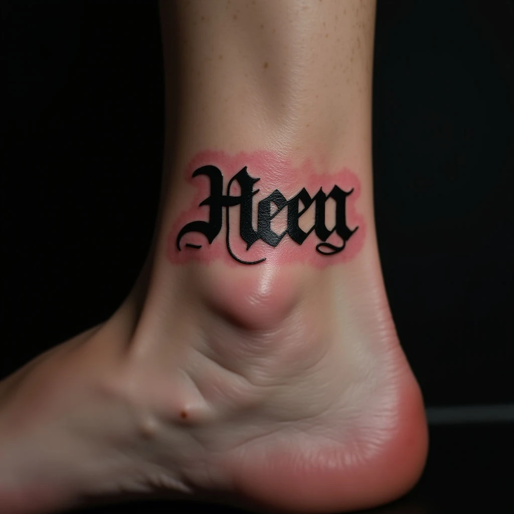 Unique Name Tattoos for Men: Traditional Ankle Designs in Black, Grey & Red