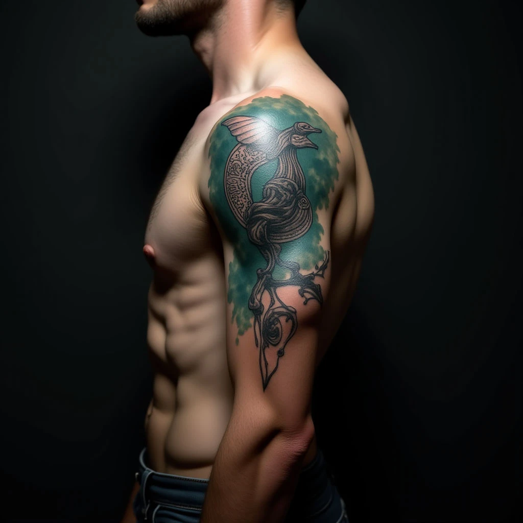 Small Blue & Green Linework Ribcage Tattoos for Guys with Meaning