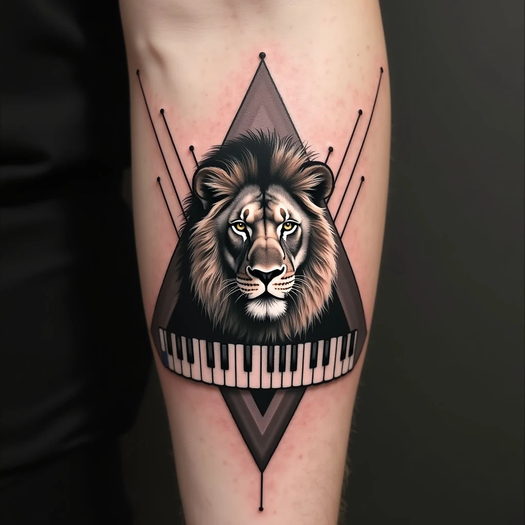 Lion and Piano Geometric Tattoo Design