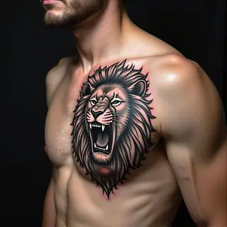 Powerful Lion Tattoo on Upper Chest