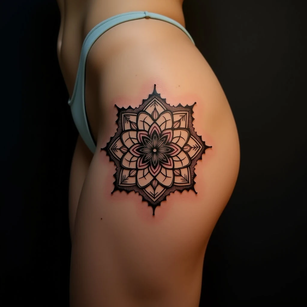 Mandala Lettering Tattoo on Thigh - A Vibrant Design