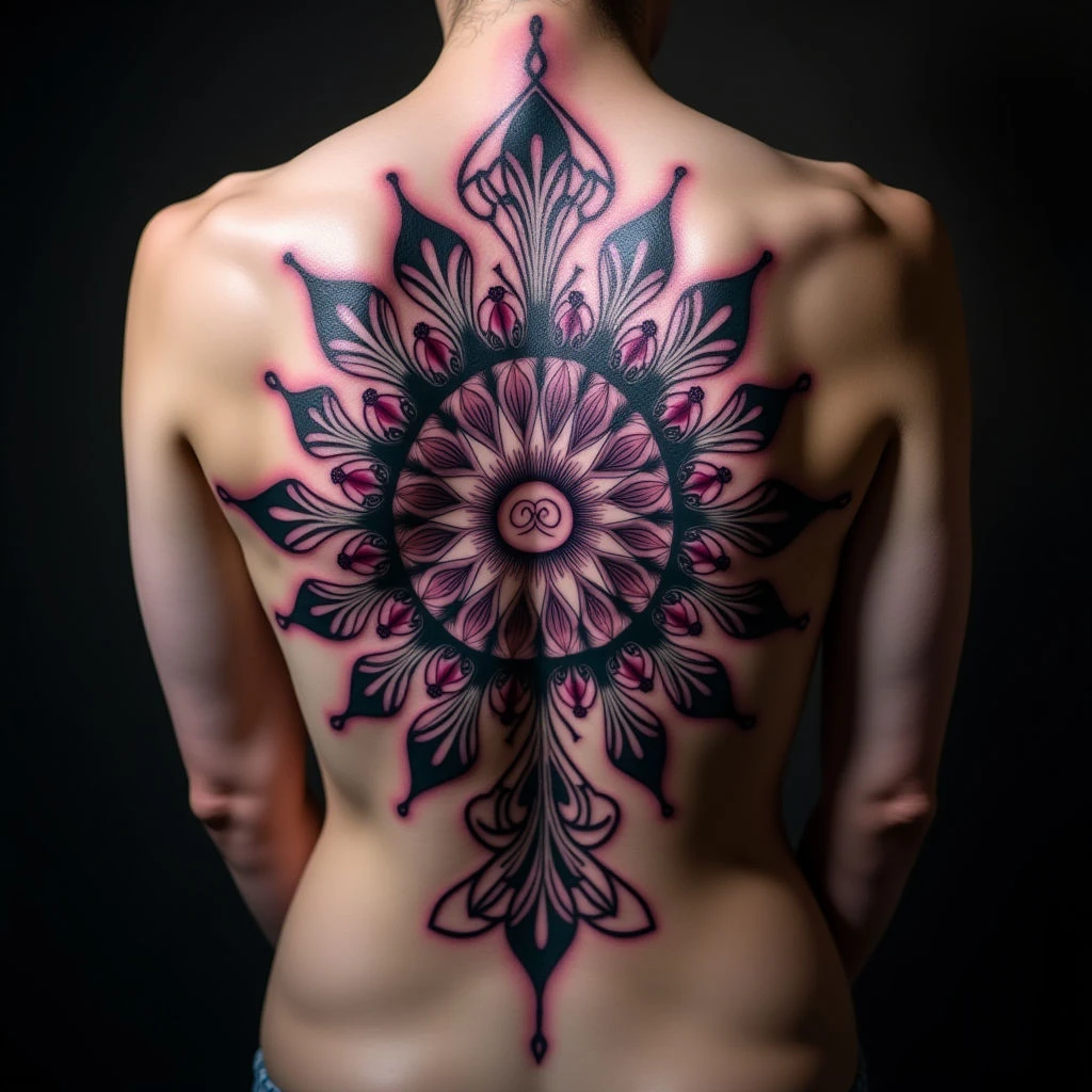 Purple Mandala Spine Tattoo Inspiration - Traditional Style
