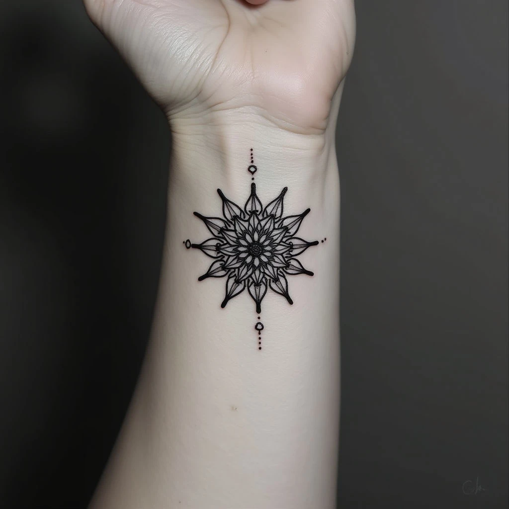 Delicate Wrist Mandala Tattoo: Geometric Harmony