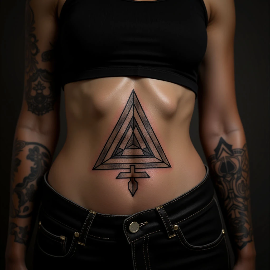 Geometric Memorial Tattoo for Brother: Bronze Stomach Design