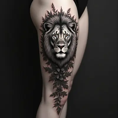 Majestic Lion Amongst Foliage: A Leg Tattoo Masterpiece