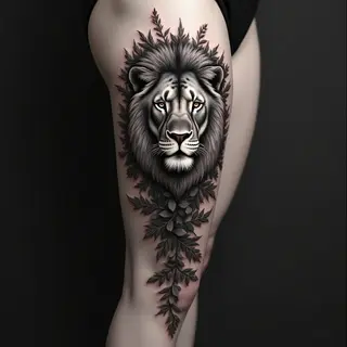 Majestic Lion Amongst Foliage: A Leg Tattoo Masterpiece