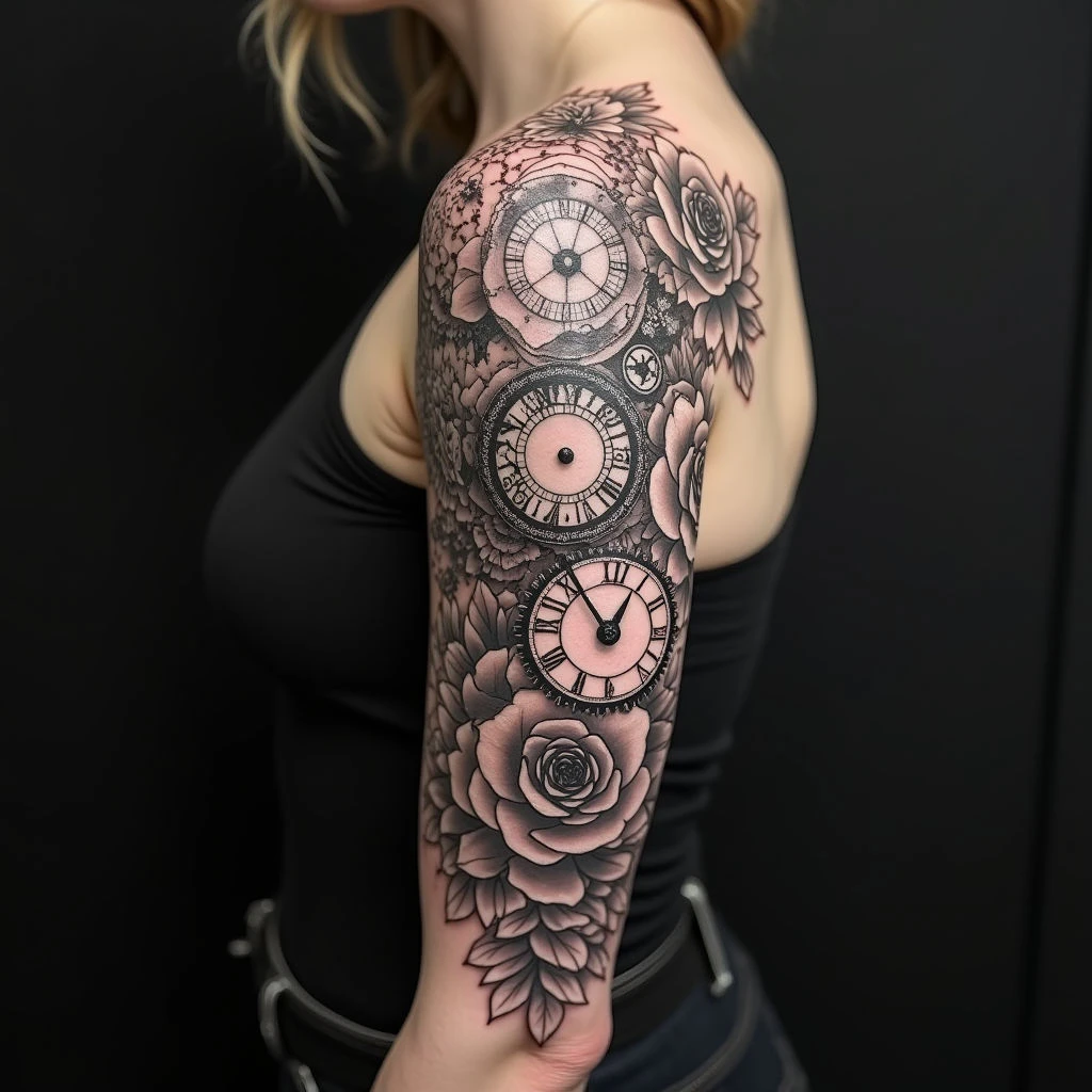 Steampunk Arm Sleeve Tattoo Design: Gears, Roses & Time