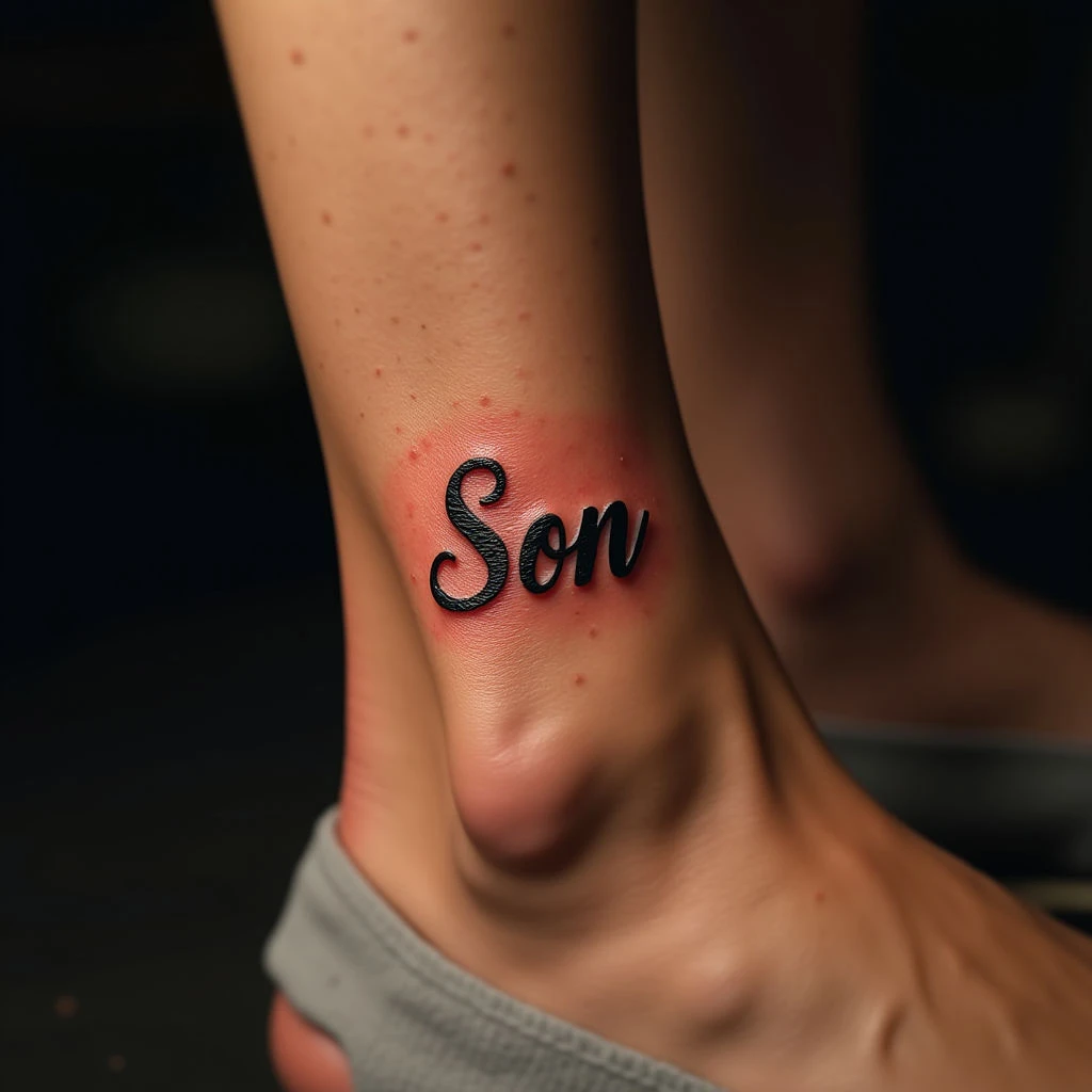 Tiny Orange Micro-Realism Tattoo of Son's Name on Ankle