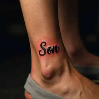 Tiny Orange Micro-Realism Tattoo of Son's Name on Ankle