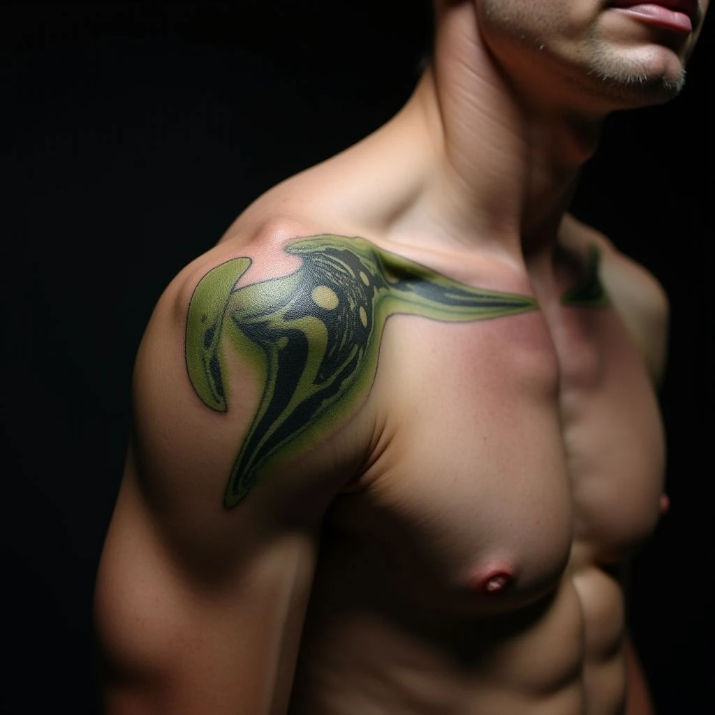 Striking Green Biomechanical Tattoos for Men: Collarbone Designs