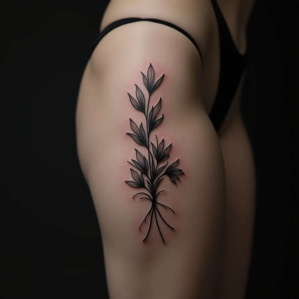 Delicate Thigh Tattoos for Women: Simple Blackwork Designs