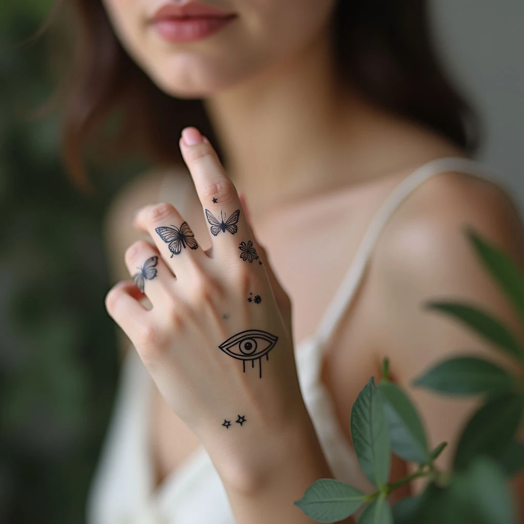 Delicate Butterfly and Symbol Tattoos on the Hand