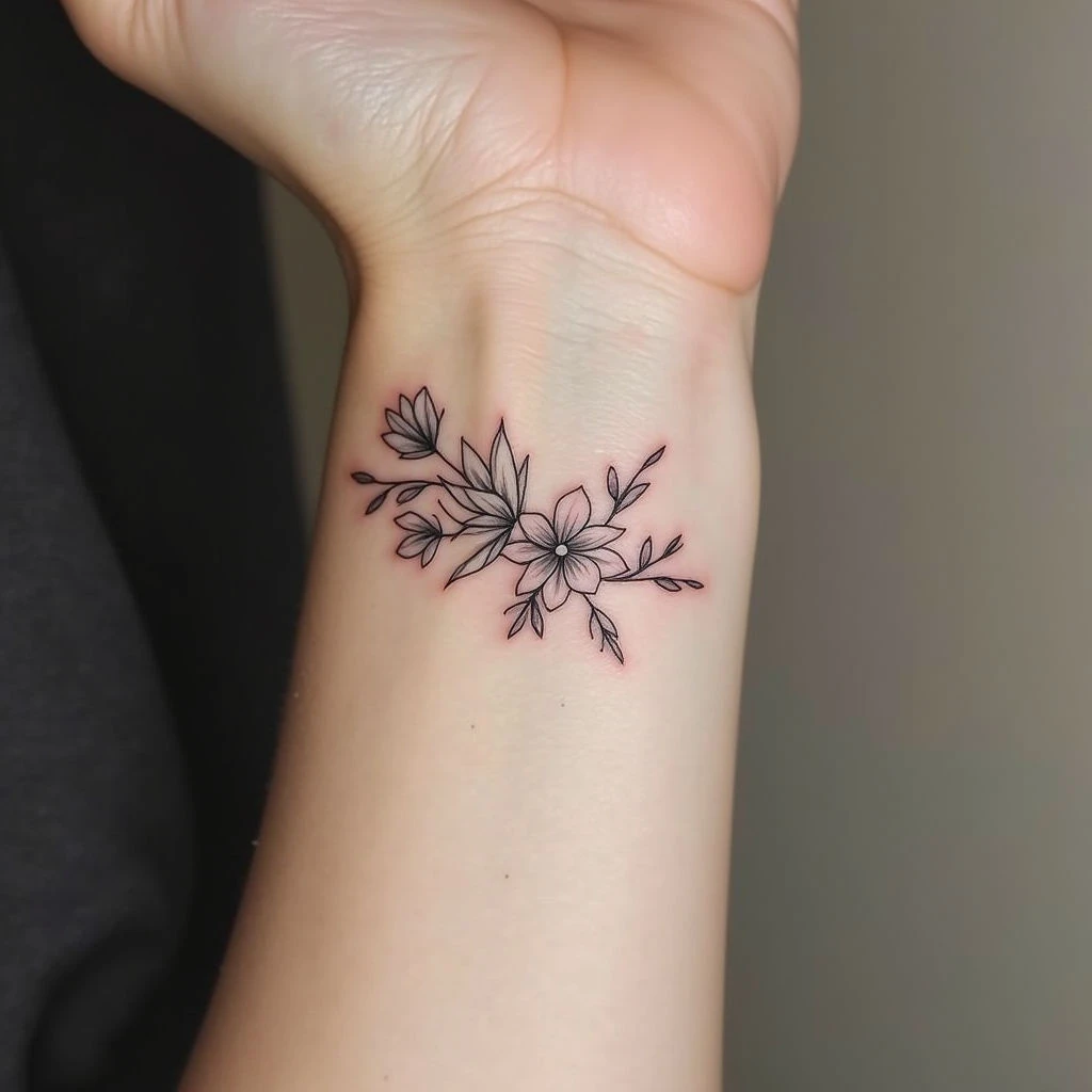 Delicate Floral and Script Wrist Tattoos