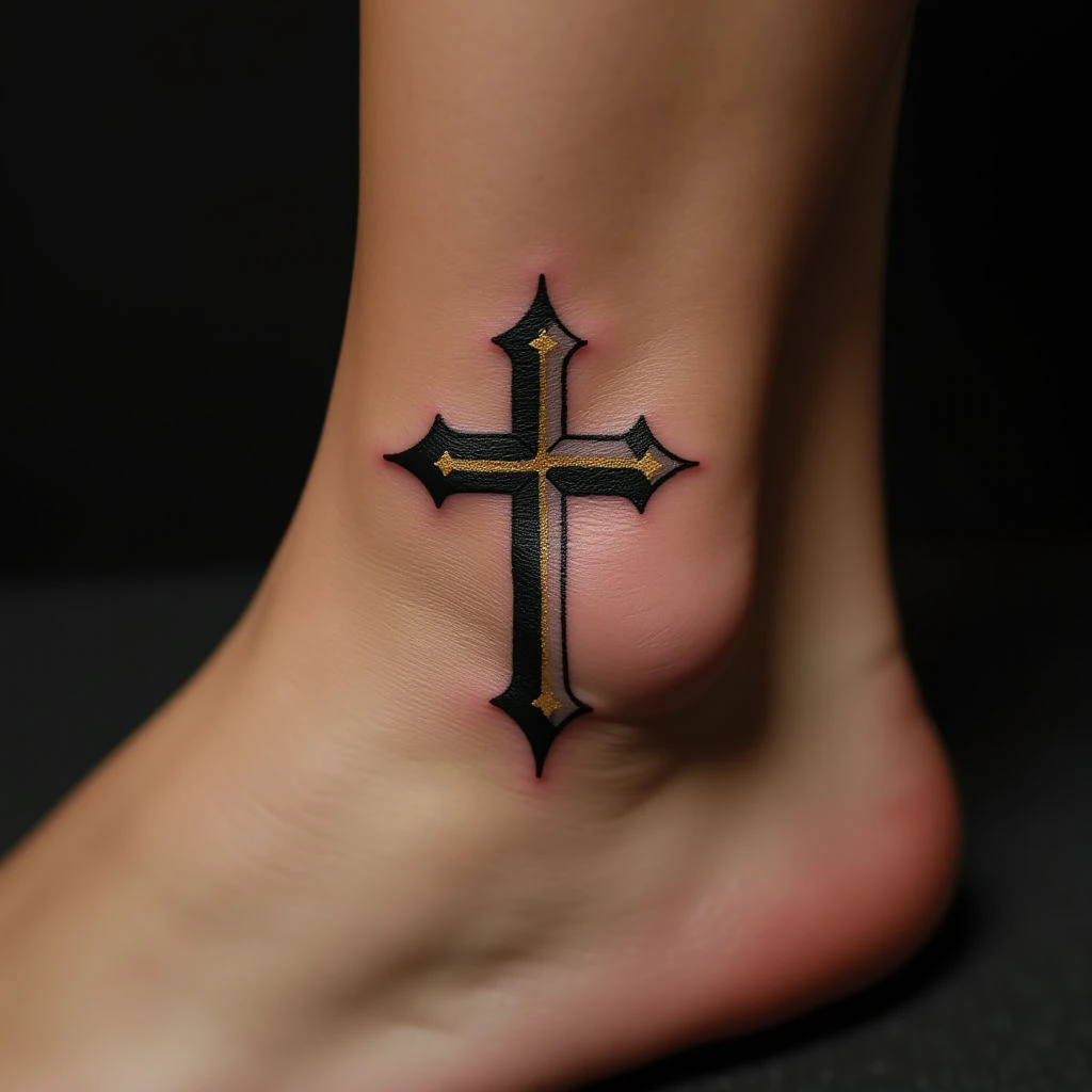 Subtle Foot Cross Tattoos: Micro-Realism Designs in Black, Grey & Gold