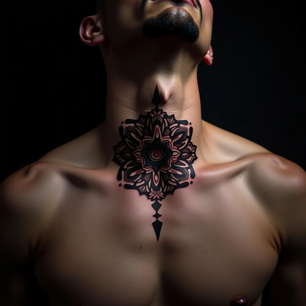 Subtle Neck Mandala Tattoos for Men: Minimalist Red, Black & Grey Designs