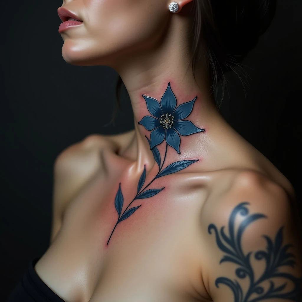 Bold Blue Neo-Traditional Flower Tattoo for the Neck