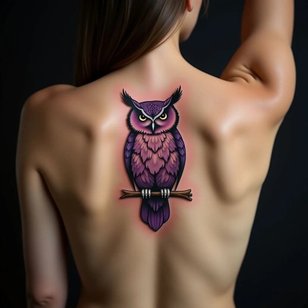 Delicate Violet Owl Spine Tattoos for Women