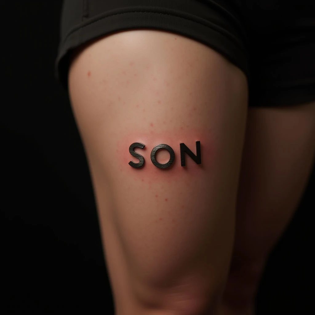 Minimalist Son's Name Tattoo on Thigh - Metallic Design Ideas